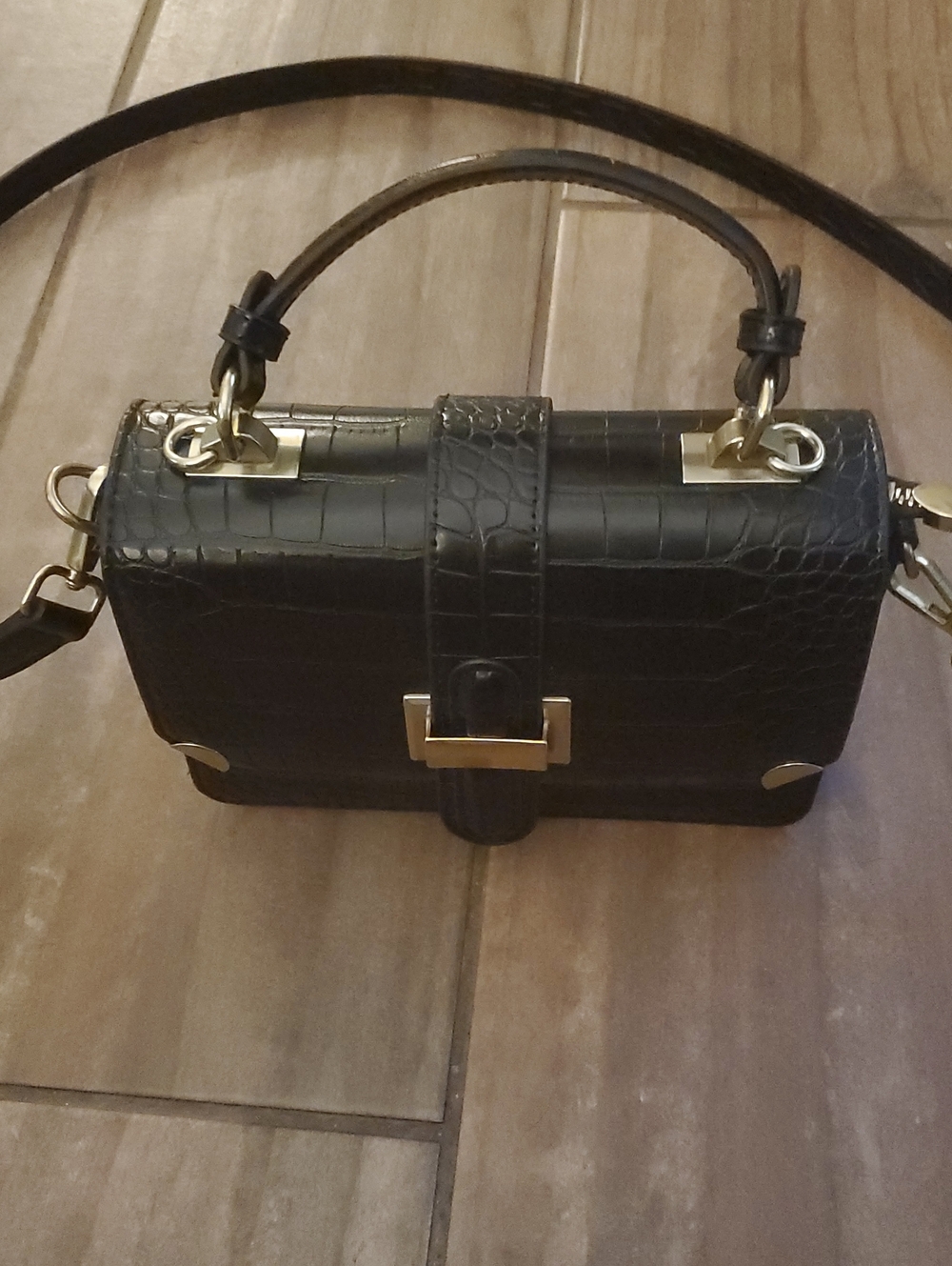 LL Loppop Black Croc-Embossed Mini Top-Handle Crossbody Bag with Gold Hardware